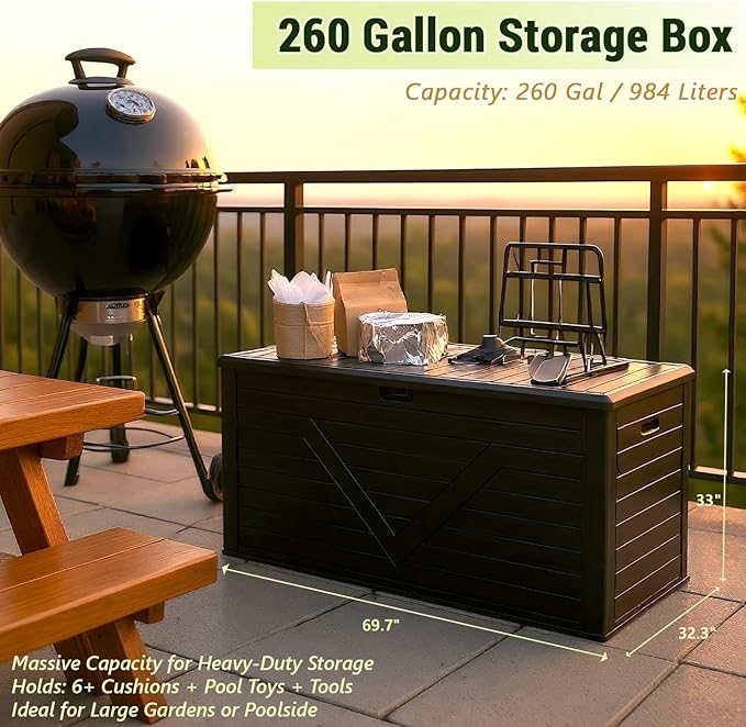 260 Gallon PRO Outdoor Storage Box Waterproof,Resin Deck Box Storage Bin for Cushion Patio Furniture, Pool Accessories, and Garden Tools, Lockable & UV-Resistant, Black