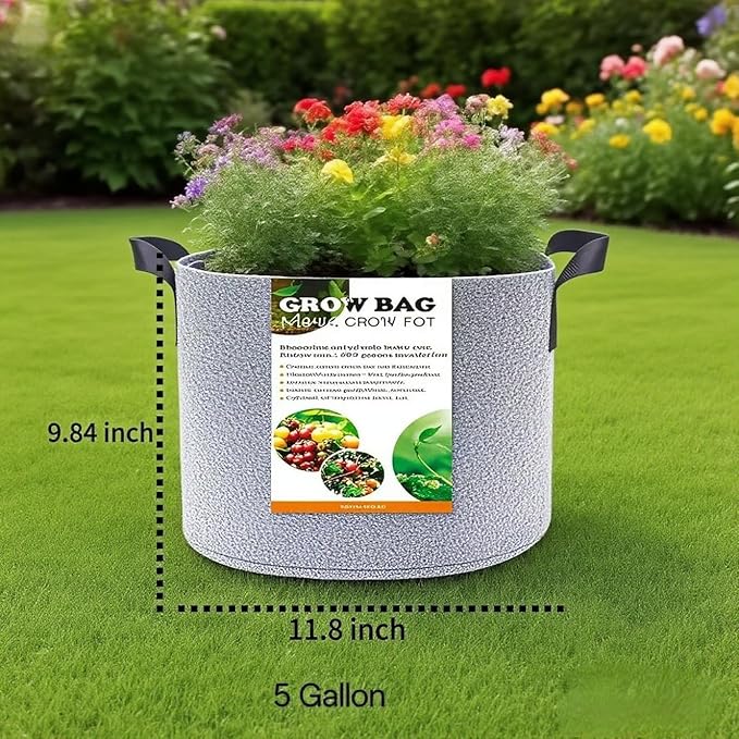 Grow Bags 5 Gallon Pots Gallon Grow Bag Fabric Plant Vegetable Pots with Handles and Drainage Areation Reusable 2-12 Nursery Pot Gallon Grow Bags with 1 Non-Slip Gardening Gloves,5pcs (5 gallon)