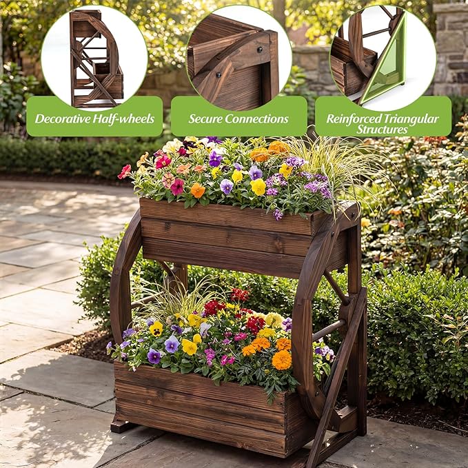 Giantex Wooden Wagon Planter Box, 2 Tier Raised Garden Bed with Drainage Holes, Rustic Wood Planter for Flowers Herbs Vegetables, Indoor Outdoor Patio Garden Balcony