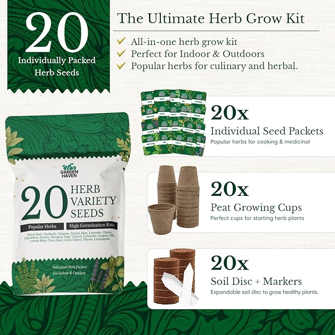 20 HERB Seeds Variety Pack - Complete Grow Kit Culinary Herbs Indoor Outdoors Herb Seeds, Basil, Oregano, Mint, Thyme & More Individually Seed Packets Starter Kit (Seeds Only)