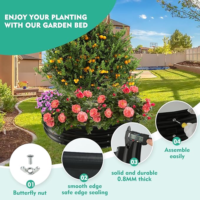 2.7FT Diameter Galvanized Garden Raised Bed/Plant Box/Fire Pit Ring - 0.8mm Thick,12 Inch Tall,Perfect for Planting a Variety of Flowers,Herbs,Vegetables (Black, 32 Dia X 11.5 inches)