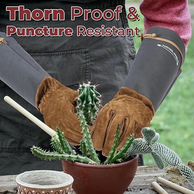 HANDLANDY Long Gardening Gloves for Men Women, Thorn Proof Rose Pruning Leather Garden Yard Gauntlet Glove, Gardening Gifts