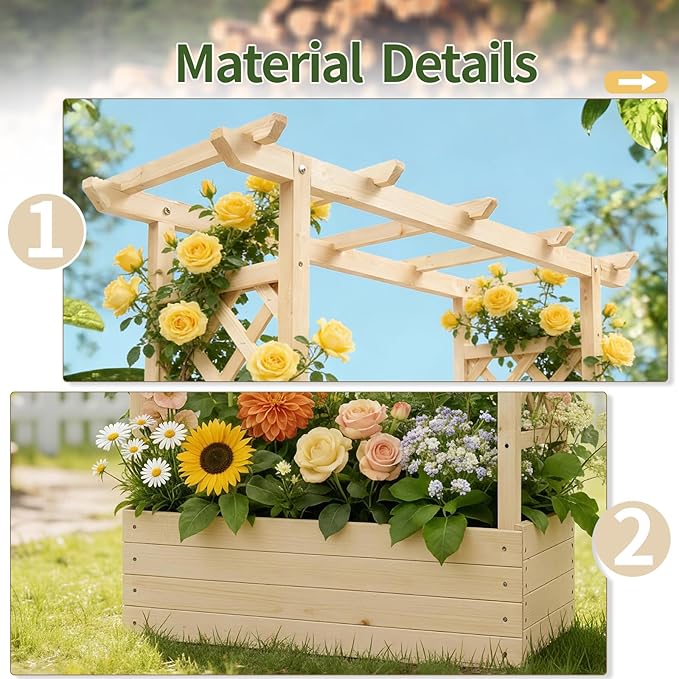 VINGLI Raised Garden Bed with Trellis & Hanging Roof, Wooden Garden Bed, Outdoor Planter Box for Yard, Garden, Balcony (Natural Wood Color, Medium)