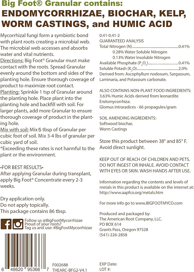 Big Foot Mycorrhizal Fungi Granular for Transplants - for All Plants - Easy to Use Root Stimulator - Treats 240 Plants (60K mycorrhizal Spores) - Double Your Plant Size - 2 Pounds
