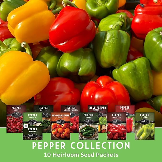 10 Pepper Seed Packs for Planting | Jalapeño, Serrano, Cayenne, Bell, Habanero, Cubanelle, & More – Hot & Sweet Heirloom Non-GMO Peppers Collection – Survival Garden Seeds