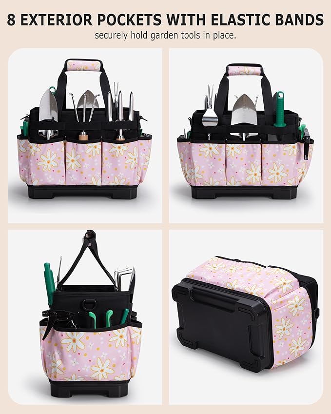 Garden Tool Bag with Hard Bottom, Garden Tote with Shoulder Strap and Multiple Pockets (No Accessories Included), Pink Sunflower