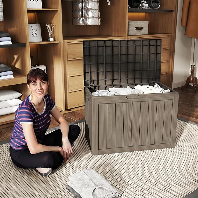 45-Gallon Outdoor Storage Box, Waterproof Deck Box for Patio Cushions, Garden Tools, Pool Accessories, Lockable Outside Storage Bin for Backyard & Deck (Grey)