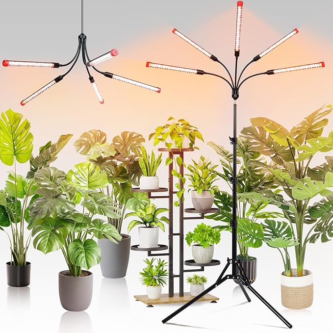 FECiDA Gamechanger! 45 Watt Power Draw, NO Need Adapter, 5Head Grow Light with Tripod Stand, 2026 Big Coverage LED Grow Lights for Indoor Tall Plants, Bonsai Tree, 4/8/12/16/20H Timer