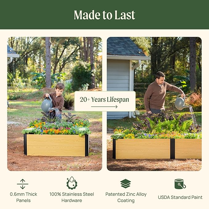 Vego garden Woodgrain Series Raised Garden Bed, 16'' Tall 4' x 8' Wooden-Look Metal Planter Box Outdoor for Gardening Vegetables, Flowers, Herbs