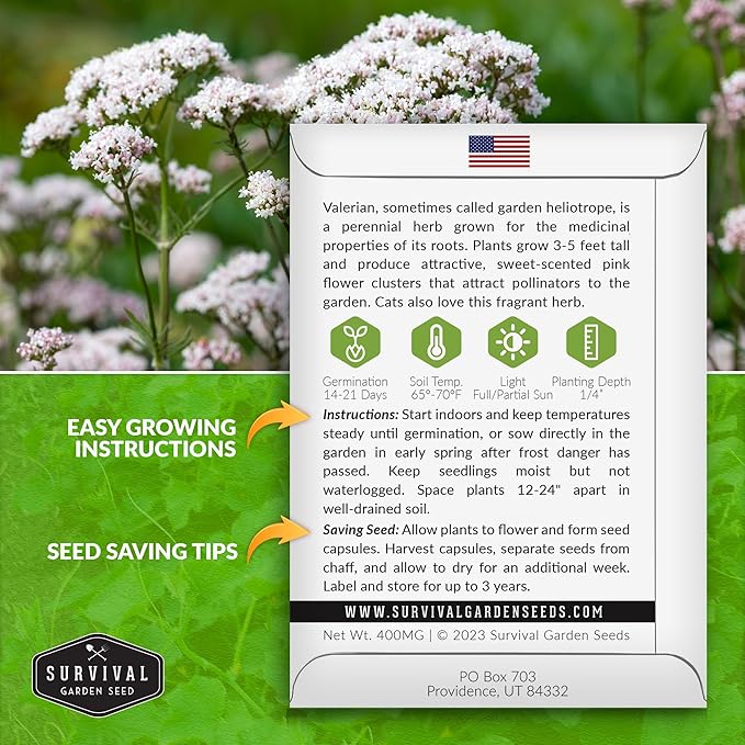 Survival Garden Seeds - Valerian Seeds for Planting - 1 Packet with Instructions to Plant and Grow Medicinal Herb Valeriana Officinalis in Your Home Herb Garden - Non-GMO Heirloom