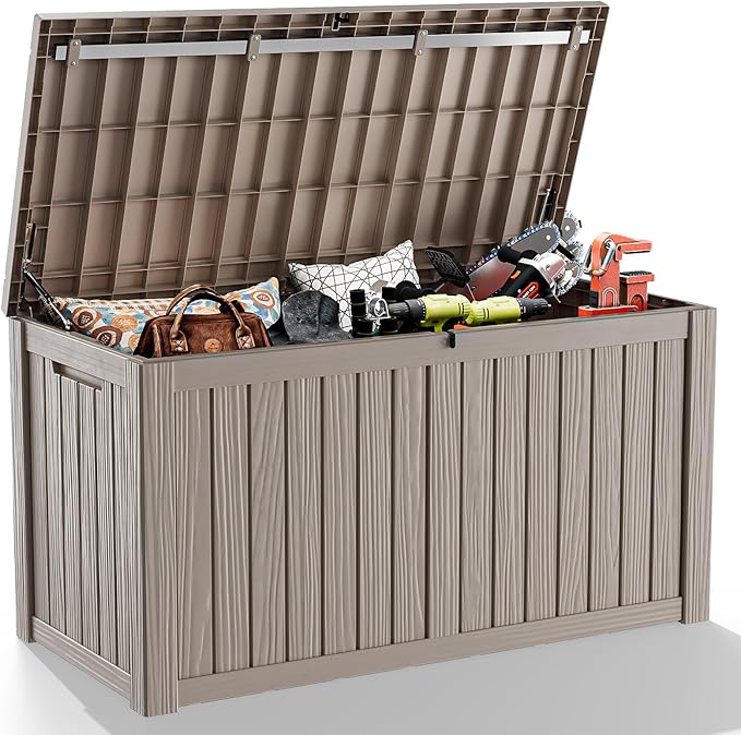 Vixzen 180 Gallon Resin Deck Box, Lockable Outdoor Storage Box for Patio Cushions Storage Furniture,Garden Tools, Pool Supplies, Weatherproof and UV Resistant- Light Brown（Grey，180 Gallon）