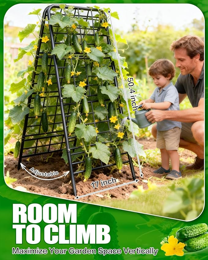 Joyhalo Heavy Duty Adjustable A-Frame Cucumber Trellis for Climbing Plants, 50.4"x17" All-Metal Garden Trellis with Dense Grid Climbing Frame for Raised Beds, Tomatoes, Cucumbers & Outdoor Vines