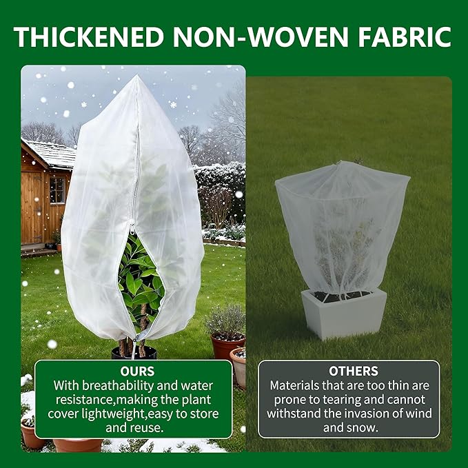Plant Covers Freeze Protection, 5 Pack Frost Covers with Zipper Drawstring (31.5" x 47.3") Plant Protection Cover Bags for Outdoor Winter Frost Cold Weather Shrubs Trees Jacket Covers, White