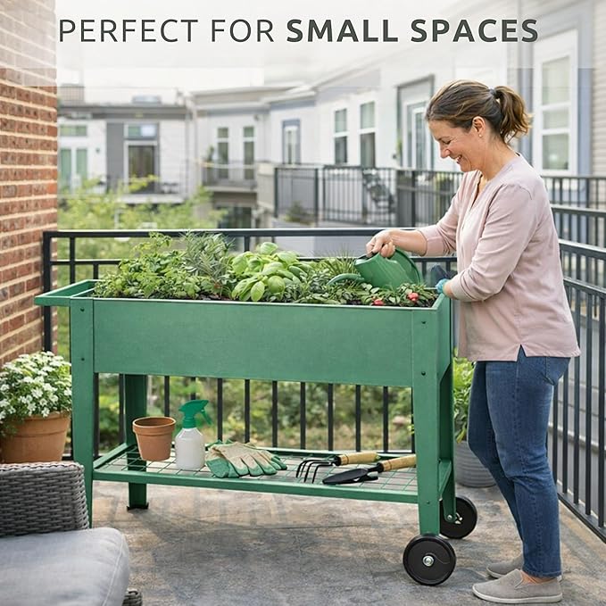 InSideOut Elevated 40" Raised Garden Bed Outdoor with Wheels & Shelf for Mobility, Metal Planter Box for Vegetables/Herbs, Patio-Balcony-Backyard (Sage Green)