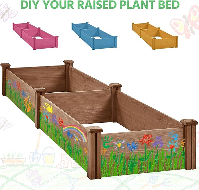 Topeakmart 95 x 25 x 11inches Wooden Elevated Raised Garden Bed 8x2ft Raised Kit Divisible - Garden Planter Boxes for Vegetables Outdoor Outside, Brown