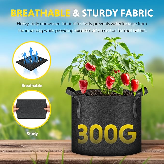 iPower 3 Gallon 5 Pack Grow Bags Nonwoven Fabric Pots Aeration Container with Strap Handles for Garden and Planting, 5-Pack Black, 3 Gallon