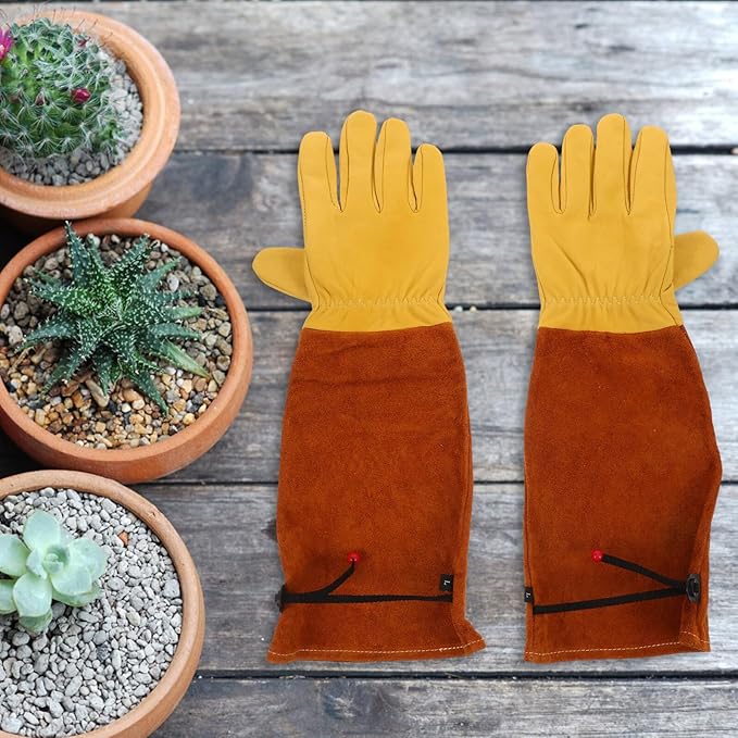 NUOBESTY Puncture Resistant Long Gardening Gloves for Thorn Protection and Rose Pruning, Gold Top-grain Sheepskin with Brown Split Cowhide Sleeves, Size L, Suitable for Yard Work