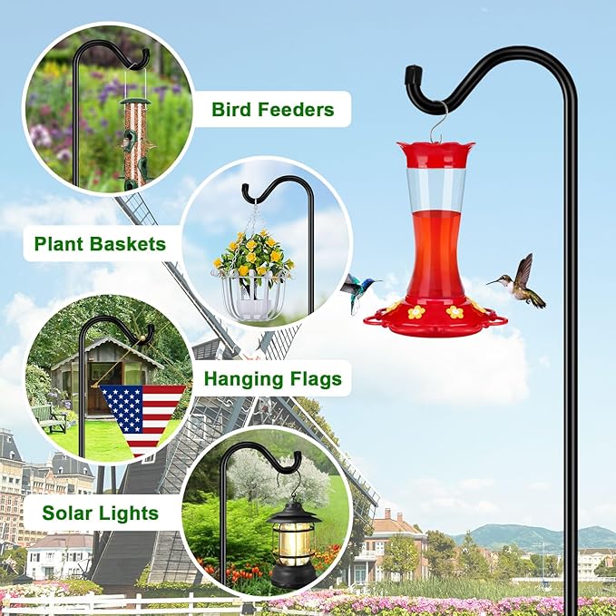 FEED GARDEN Shepards Hooks for Outdoor Bird Feeder Pole 92 Inch Adjustable Tall Heavy Duty Shepherds Hooks for Hanging Plant Baskets, Solar Lights, Wedding Decor, Lanterns, Black (2 Pack)