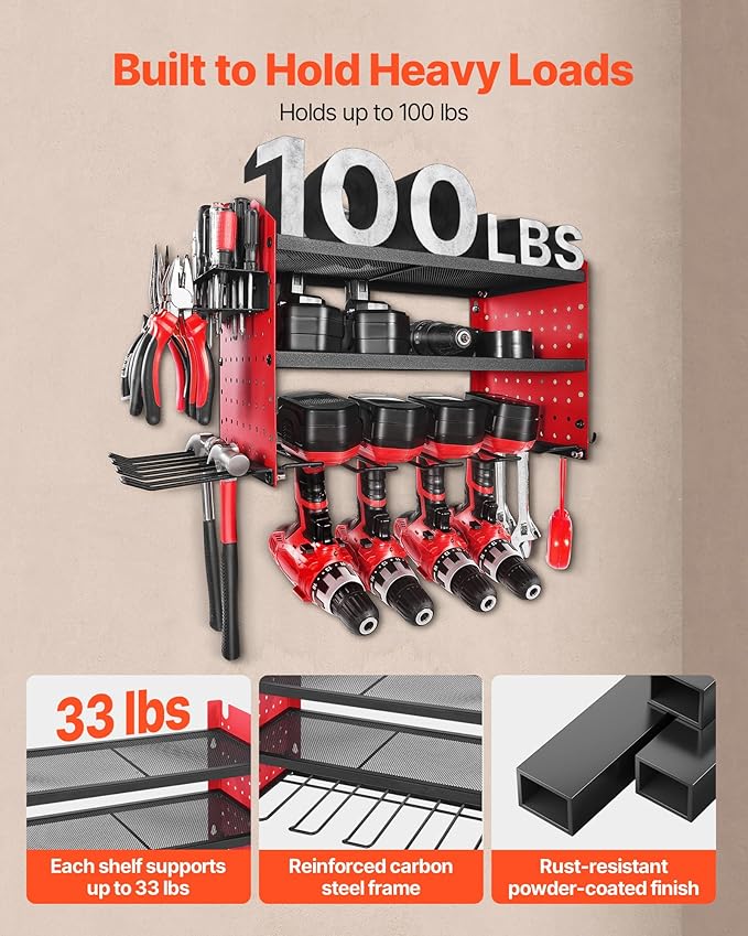 VEVOR Power Tool Organizer Wall Mount, 3-Layer Storage Rack with 4 Drill Holders, Tools Holder and Storage Rack with Side Pegboards, Garage Tool Organizer for Garage, Workbench, and Workshop