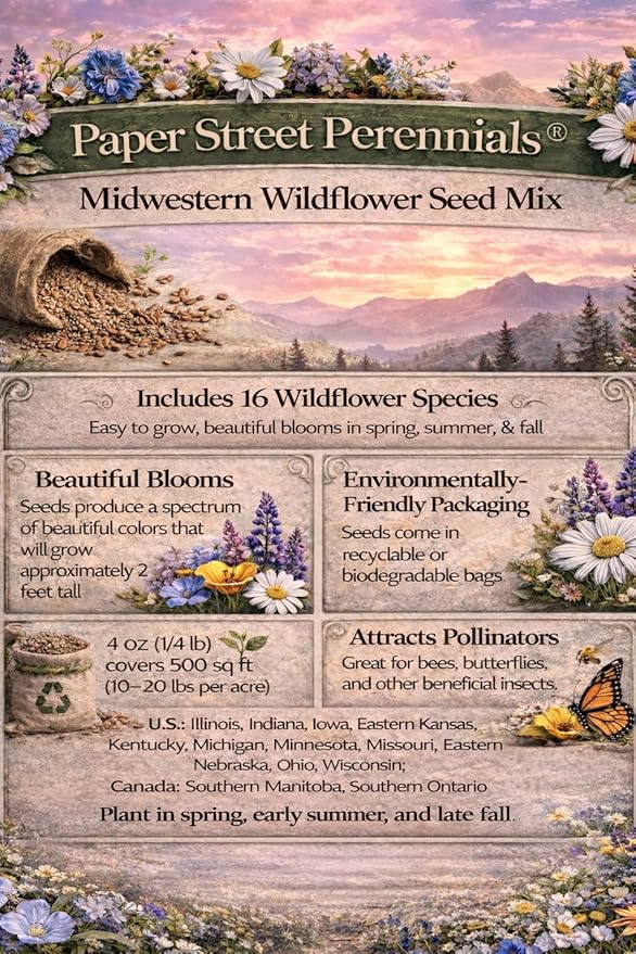 Wisconsin Bulk Perennial Wildflower Seed Mix 1/8lb Covers 2500sq-ft - Attract Pollinators, Multi-Color Blooms - Midwest US Species Plant in Spring/Fall - Earth-Friendly Packaging (1/8 Pound)