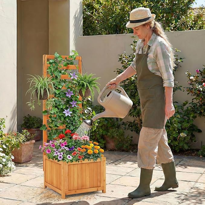 Giantex Set of 2 Wood Raised Garden Bed with Trellis, Outdoor Planter Box for Vines Flowers Vegetables, Herbs, Freestanding Plant Container Privacy Planters for Porch, Patio, Backyard