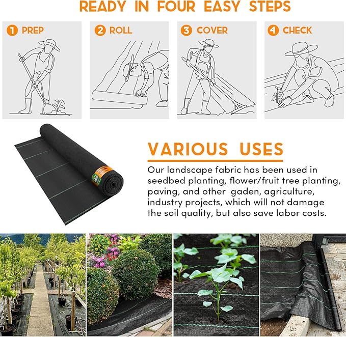6FT x 100FT Weed Barrier Landscape Fabric Heavy Duty, 3.2oz Premium Garden Ground Cover Mat for Weed Control, Gardening, Plant Beds and Farming