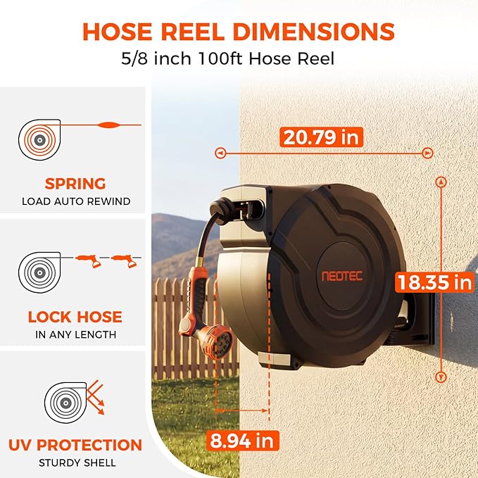 Upgraded Retractable Garden Hose Reel 5/8 inch x 100 ft Any Length Lock 9 Pattern Nozzle Wall-Mounted Automatic Slow Return 180° Swivel UV Resistant Heavy Duty Hose Reels for Outside