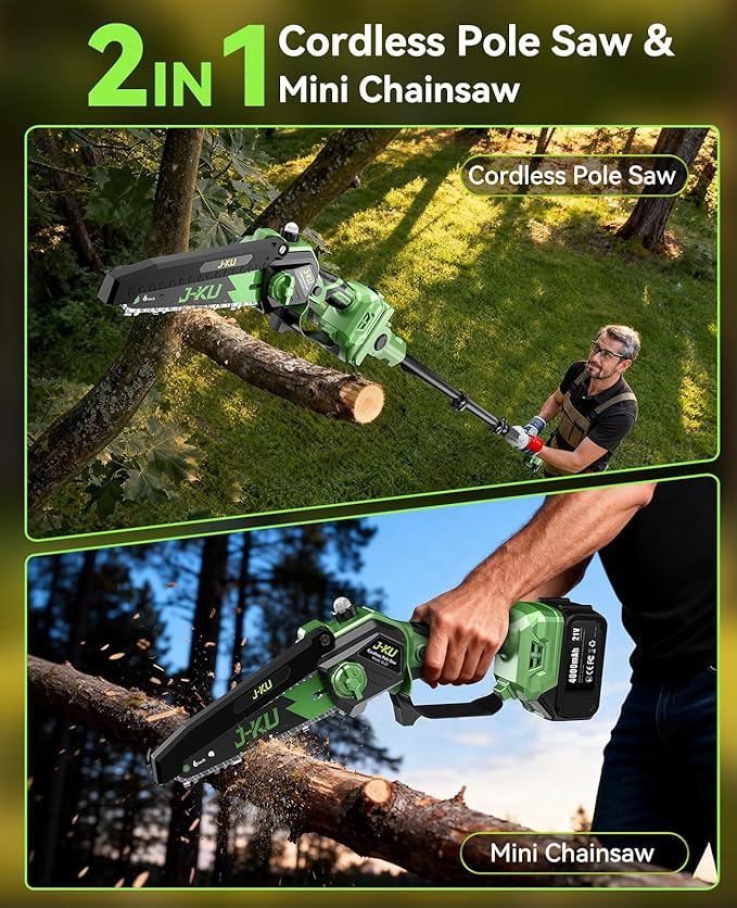 Electric Pole Saws for Tree Trimming: 6 Inch Mini Chainsaw Cordless with Extension Pole, 2x4000mAh Batteries, 21V Brushless Pole Saw Battery Powered Tree Trimmer 16 Ft reach Limb Branch Cutter Pruner