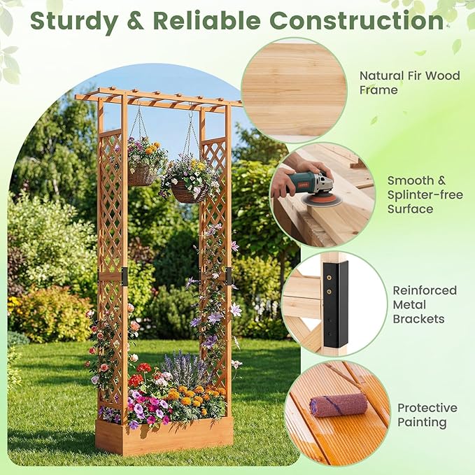 Giantex Wooden Raised Garden Bed with Trellis & Hanging Roof, 2 Pack Fir Wood Planter Box, 89” Freestanding Elevated Garden Bed for Outdoor Climbing Plants Vegetables Flowers, Patio & Balcony, Orange
