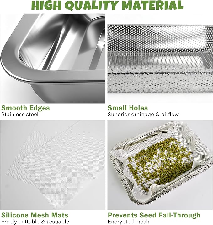 2 Pack Stainless Steel Seed Sprouter Trays, 2-Tier Soil-Free Microgreens Growing Kit, Rust-Free Sprouting Tray with Mesh Pads for Sprouts Beans Alfalfa Wheatgrass