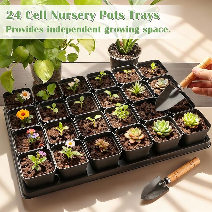 5 Pack 24 Cell Nursery Pots Trays with 3 inch Square Nursery Pots 120pcs (Black), Plastic Seed Starter Tray with Drain Holes for Carrying and Holding Plant Pot(17"x11"x1.6")