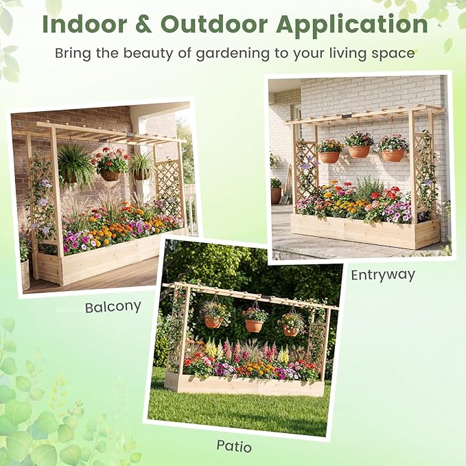 Giantex Wooden Raised Garden Bed with Trellis & Hanging Roof, Fir Wood Planter Box, 45” Freestanding Elevated Garden Bed for Outdoor Climbing Plants Vegetables Flowers, Patio & Balcony, Natural