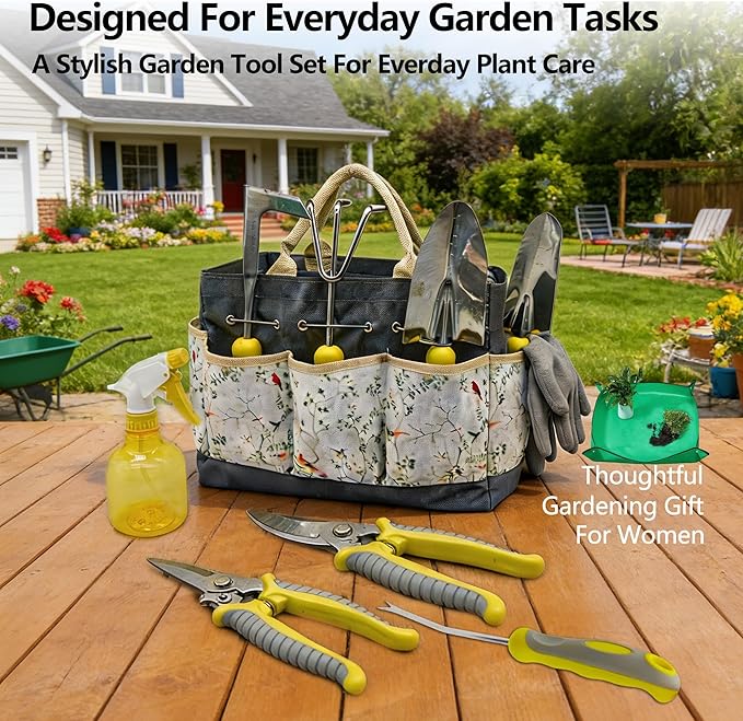 Garden Tool Set, 11-Piece Heavy-Duty Stainless Steel Hand Tools with Ergonomic Non-Slip Handles, Floral Tote Bag, Gloves, Spray Bottle and Repotting Mat, Gardening Gift for Women