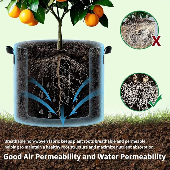 Grow Bags (3-Pack) - Heavy Duty Fabric Pots for Vegetables, Fruits, Flowers, Plants | Aeration Fabric Prevents Root Circling & Overwatering | Durable, Reusable (Round, 5 Gallon)
