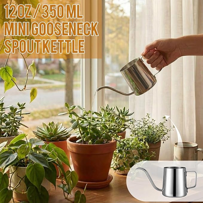 2 Pcs Small Watering Can for Indoor Plants, 12 Oz/350 ml Mini Plant Watering Pot with Long Spout and Scale 304 Stainless Steel Tiny Watering-can for Outdoor Indoor Plants Garden(Sliver)