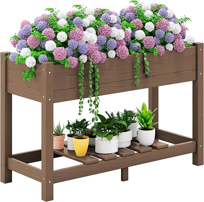 SERWALL Raised Garden Bed with Legs, 43"×17"×30" Large HDPE Elevated Planter Box for Vegetables Flower Herb Patio, All Weather Use- Brown