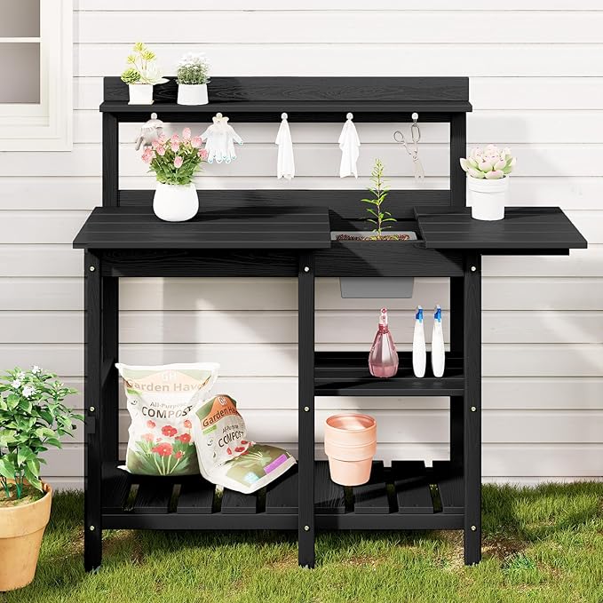 SERWALL Outdoor Potting Bench with Removeable Sink,Rot-Resistant HDPE Potting Table for Outside Gardening, All Weather Use - Black