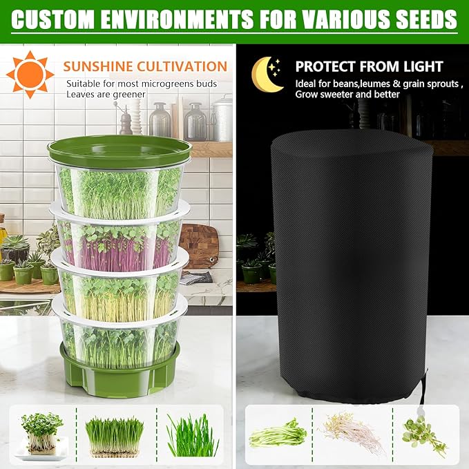 4-Tier Sprouts Growing Kit with Drain Hose & Ventilation Holes, Stackable Microgreens Growing Sprouting Trays Including Blackout Cover, Soil-Free Sprouter for Planting Broccoli Alfalfa Bean Seeds