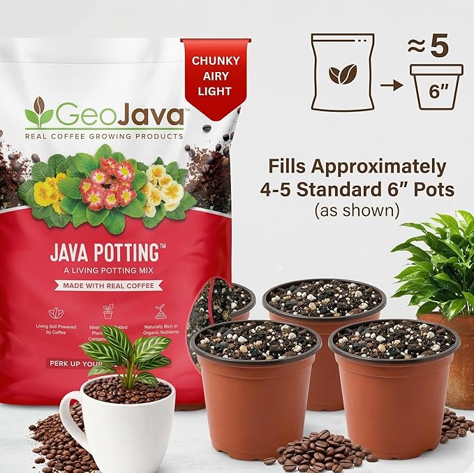 Java Potting Soil: A Well Draining, Coffee‑Infused Living Indoor Mix Ready to Grow. for All Monstera, Calathea, Fiddle Leaf Fig, ZZ, Snake, Spider and Pothos Plants; with Chunky Vermiculite. 6 (QT)