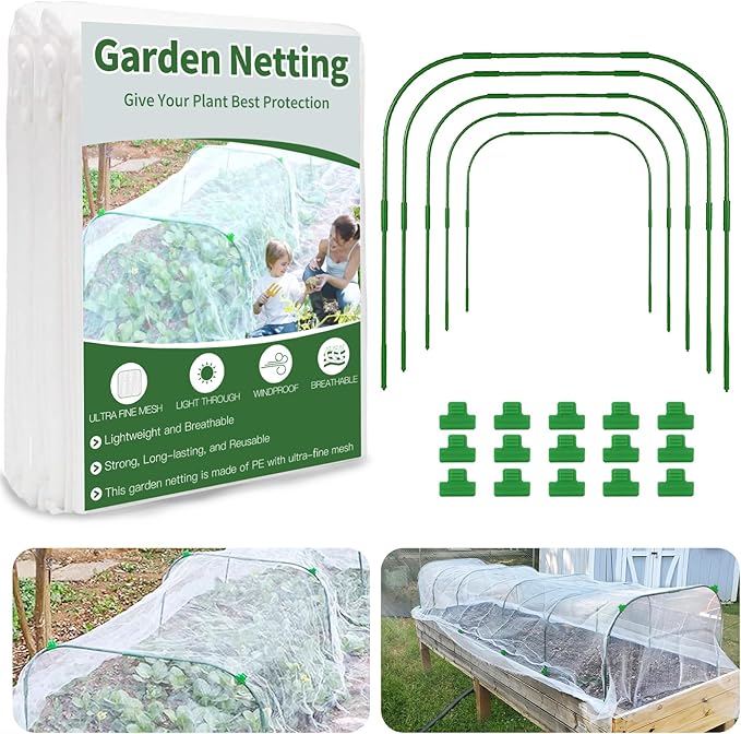 Garden Netting Kit for Raised Bed, 8X20FT Ultra Fine Mesh Netting with 5 Sets Garden Hoops & 15pcs Clips, Reusable Plant Row Cover Bird Netting for Garden Protection