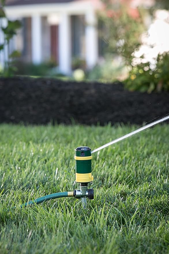 Melnor 65404AMZ Turbo Rotary Sprinkler on Step Spike, 4-Pattern, QuickConnect Product Adapter, Green, Yellow