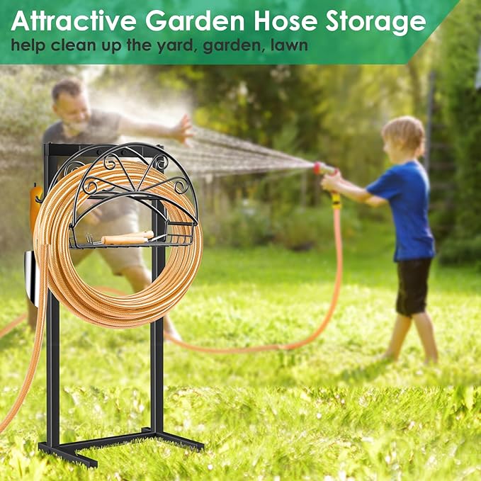 TomCare Garden Hose Holder Heavy Duty Water Hose Holder Holds 160 FT Hoses 4 Spikes Hose Reel Freestanding Hose Hanger Sturdy Hose Storage Stand for Outside Yard Lawn