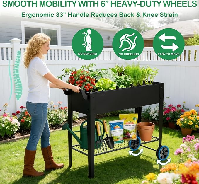 2-Pack 32”Height Elevated Raised Garden Bed with Wheels & Storage Shelf, 400 Lbs Capacity, Anti-Rust, Space-Saving Planter for Vegetables, Herbs, Patio, Balcony, Backyard