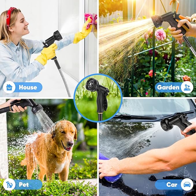 Garden Hose 50FT - Stainless Steel Water Hose with 10 Function Nozzles, No Kinks, Flexible & Lightweight, Pressure Proof, Puncture Proof, Heavy Duty Water Hose for Yard and Outdoor