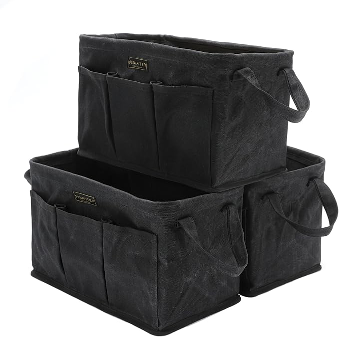3-Pack Storage Tool Case Set, 13.8 x 7.8 x 7.8 Inches, Rectangular Waxed Canvas Fabric Collapsible Tool Bag with Handles for Tools,Wrench Set,Screwdrivers (Black)