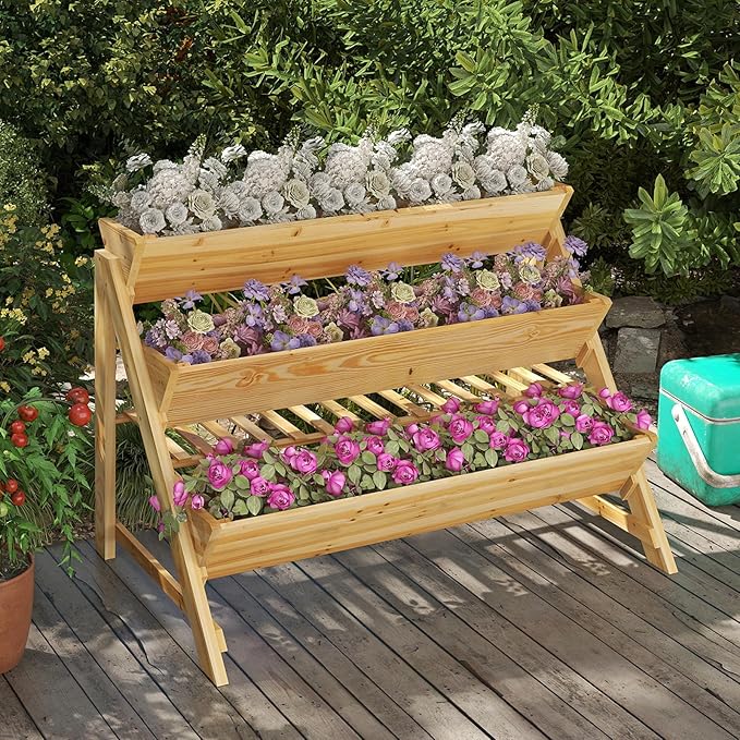 3-Tier Raised Garden Bed, Elevated Gardening Bed w/2 Side Hooks, Storage Shelf, Bed Liner, Garden Planter for Flowers, Vegetables, Herbs, Pine Wood Planter Box for Patio, Balcony, Porch