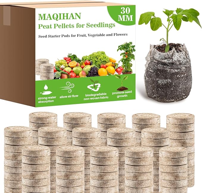 MAQIHAN 100PCS Peat Pellets for Seedlings - 30MM Seed Starter Pellets Peat Pods for Starting Seeds Garden Soil for Planting Transplanting Growing Garden Flower
