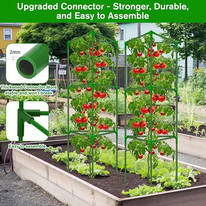 6 Pack Green Triangular Tomato Cages for Garden, Heavy Duty Fiberglass Plant Cages with Adjustable Support, Easy Assembly, Stable Structure
