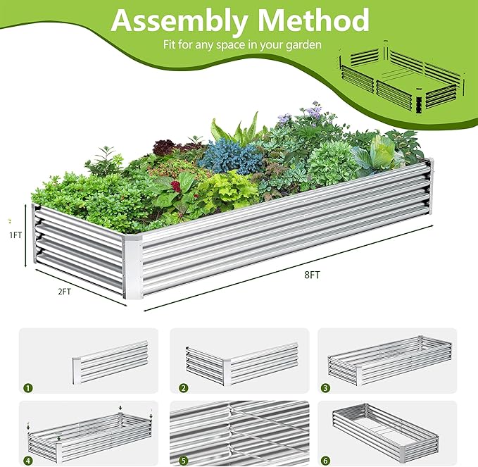 2PCS 8x2x1FT Galvanized Raised Garden Bed Kit, Galvanized Planter Raised Garden Boxes Outdoor, Large Metal Raised Garden Beds for Vegetables-Silver