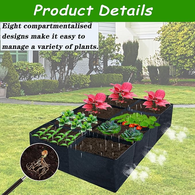 2 Pack Fabric Raised Garden Beds,128 Gallon 8 Grids Thickened Rectangle Plant Grow Bags,Reusable Outdoor Gardening Planting Container Planter Pot for Growing Herbs Flower Gardening Vegetables Chillies
